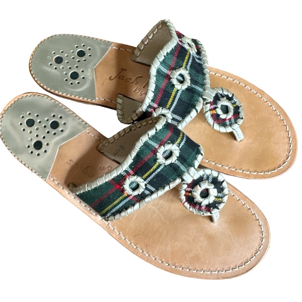 Jack Rogers 1960 Tartan Green Plaid Leather Thong  Slide slip On Sandal